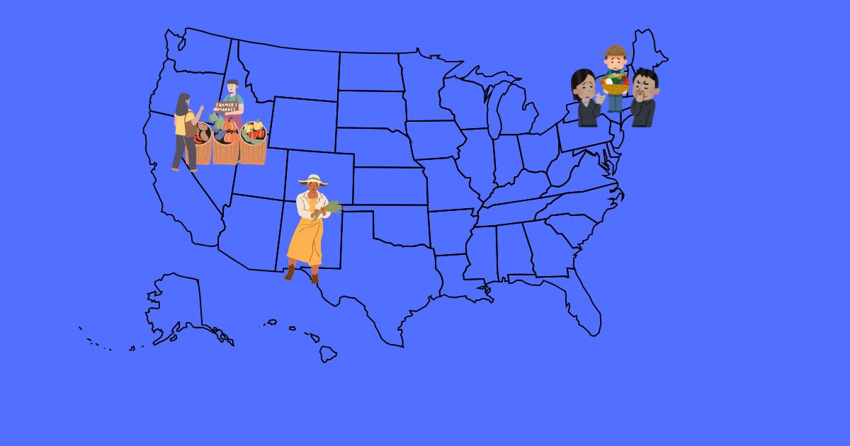 Three farmers scattered across a map of the US, one trying to reason with businesspeople